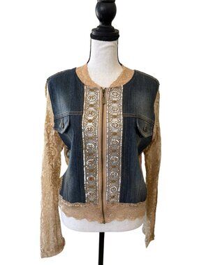 Denim Boho Chic Jacket Nude Lace Gold Sequins Paisley Side Panels Size Medium